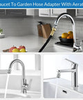 Sink Faucet To Garden Hose Adapter With 360 Degree Swivel Ball Joint And Aerator, Chrome Finish, Three Quarter Inch GHT Thread, Kitchen And Bathroom Water Hose Connector For Flexible, Anti Kink Watering And Easy Hose Direction on chrome kitchen faucet