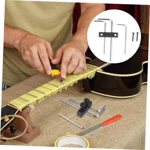 Guitar Wrench Holder For Headstock Key Storage used in tremolo maintenance, showing wrenches and installation on guitar fretboard.