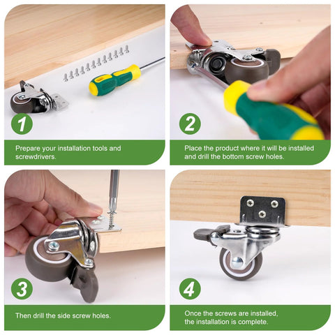 Installation steps for 1 Inch Small Caster Wheels Set of 4 with L Bracket and Low Profile Side Mount Swivel Rubber Casters.