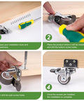 Slick Glide 1.25 Inch Swivel Caster Wheels Set Of 4 With 2 Brakes L Bracket installation steps on wood, showing tools and process.