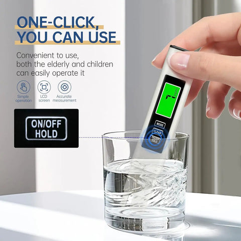 Hand using 4-In-1 Digital TDS Meter With EC And Temperature Readout For Drinking Water, Aquariums, And RO-RODI Systems, 0-9999 PPM Range.