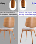 Before and after comparison showing chair with Hella Durable Threaded Furniture Feet Four Pack Adjustable Leveling Legs.