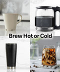 Collage of coffee images including carafe, mug, tumbler, and iced coffee with "Brew Hot or Cold" text