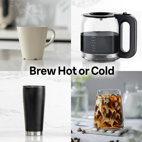 Collage of coffee images including carafe, mug, tumbler, and iced coffee with "Brew Hot or Cold" text