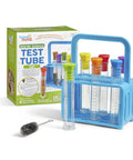 Hands On Starter Science Lab Kit With Flat Bottom Test Tubes And Lids, Six Tube Rack, Color Coded Stoppers, Cleaning Brush, And Activity Guide For Kids Experiments Perfect For School Projects And Home Science displayed in box with 6-tube rack and brush.