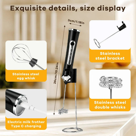 Handheld Milk Frother With Stand, Rechargeable Foam Maker Wand, 3 Speed Adjustable Electric Frother With Detachable Stainless Steel Whisks For Latte, Cappuccino, Hot Chocolate, For Your Home Barista Vibe