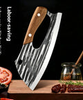 Two Piece Meat Cleaver Knife Set For Cutting Meat And Vegetables, sharp Viking style cleaver with wood handle on kitchen counter.