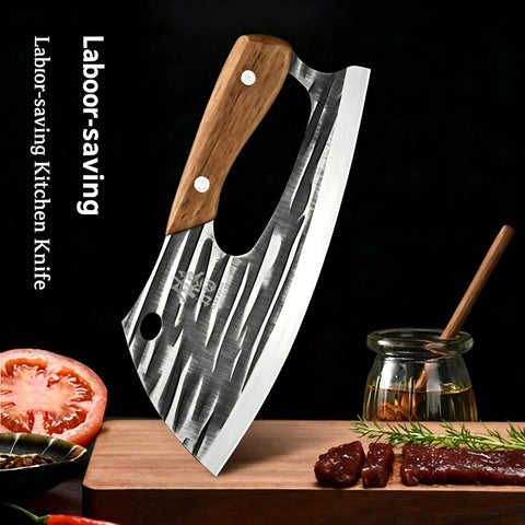 Two Piece Meat Cleaver Knife Set For Cutting Meat And Vegetables, sharp Viking style cleaver with wood handle on kitchen counter.