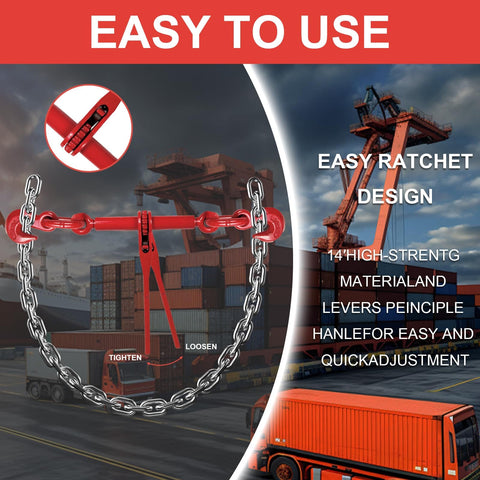 Red Beefy Ratchet Load Binders Half To Five Eighths Inch With Grab Hooks, 13,000 Lb Working Load Limit, Easy Ratchet Design
