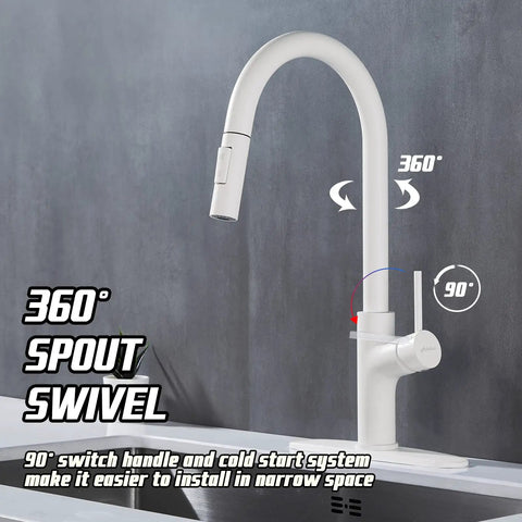 White Kitchen Faucet With Pull Down Magnetic Docking Sprayer and 360° swivel spout, modern stainless steel deck mount