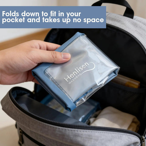 Compact Portable Washing Bag For Camping And Road Trips, Lightweight Manual Hand Wash Sack With Built In Scrub Sleeve, Ditch The Laundromat Hustle And Crush Stains Effortlessly On The Go in hand, fitting in a backpack.