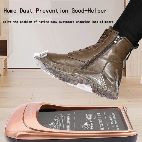 Hassle Free Disposable Shoe Film Refills For Automatic Dispensers Thickened Pe Plastic Floor Protector With Grip Tight Non Slip Surface For Lobbies And Cleanrooms Quick Three Roll Reload on automatic dispenser with brown shoe.