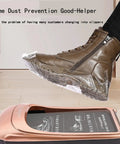 Slick Disposable Shoe Film Refills, Thick Plastic Cover Strips For Auto Dispensers, Scratch Free Floor Guard For Hotels And Clean Rooms, Quick Swap Roll That Keeps Your Space Spotless in action over shoes.
