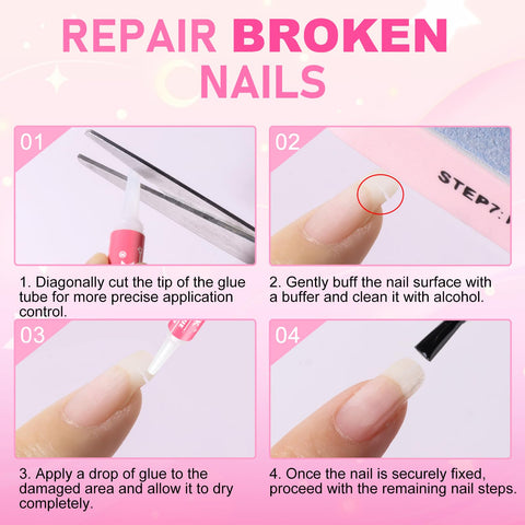 Step-by-step guide to repair broken nails using Ultra Fast Nail Glue For Acrylics And Press Ons, with visual instructions.
