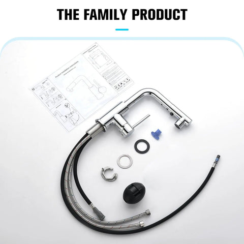 Single Handle Kitchen Faucet With Pull Out Sprayer And Deck Plate, Chrome Finish, components laid out before assembly