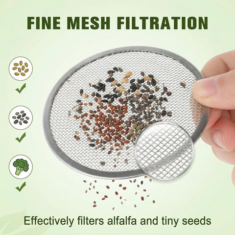 6 Pack Killer Sprouting Lids 304 Stainless Steel Fine Mesh Strainer filtering various seeds for germination.
