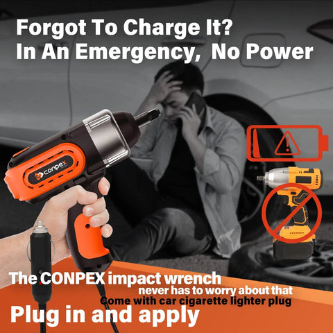 Corded One Half Inch Impact Wrench With Detent Ball Anvil, 320 Ft Lbs Max Torque, 12V Brushless Power Gun in use during emergency