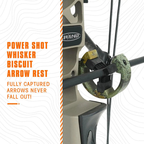 Whisker Biscuit Arrow Rest For Compound And Recurve Bows, Capture Brush Design, shown on a bow with camouflage finish.