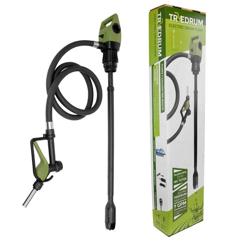 Hella Smooth Telescopic Electric Drum Pump Bundle With Battery Powered Operation And Quick Five To Seven GPM Flow For Effortless Diesel Def And Fuel Transfer From Fifty Five Gallon Barrels Or Large IBC Tanks Any Day in a sleek design with hose and nozzle.
