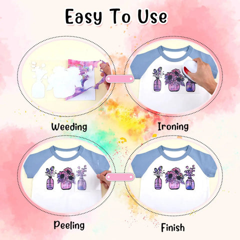 Tintnut Grungy Watercolor Heat Transfer Vinyl 12Pcs Iron On Glitter Sheets Neon Hues for easy T-shirt application steps.