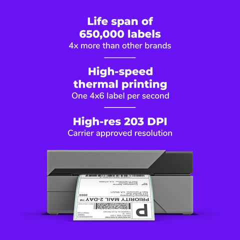No Sweat Usb Shipping Label Printer Commercial Grade 4x6 Thermal with label output and specs on purple background.