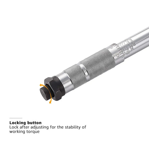 Beast Mode 1/4 Inch Drive Click Torque Wrench 35 200 In Lb Range heavy duty steel wrench showing locking button for torque stability
