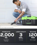 Man using 24V Brushless Cordless Wet Dry Shop Vacuum, 3-Gallon Capacity, Garage-Ready 67 CFM Airflow, 9 kPa Suction, 7500 Pa Max, Washable HEPA Filter Captures 99.97 Percent Of 0.3 Micron Particles, Includes Attachments And Accessories, Tool Only in garage