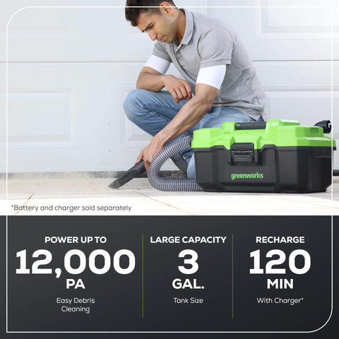 Man using 24V Brushless Cordless Wet Dry Shop Vacuum, 3-Gallon Capacity, Garage-Ready 67 CFM Airflow, 9 kPa Suction, 7500 Pa Max, Washable HEPA Filter Captures 99.97 Percent Of 0.3 Micron Particles, Includes Attachments And Accessories, Tool Only in garage