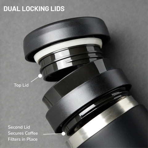 Close-up of dual locking lids for Ultralight Travel French Press Coffee Maker For On The Go Brews, Vacuum Insulated Stainless Steel 16 Ounce Capacity, Matte Meteorite Black, Ideal For Camping, Commuting, Or Office Breaks.