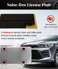Gloss Black Heavy Duty License Plate Frames Set Of 2 with rattle proof pads, self-adhesive foam, and car in background