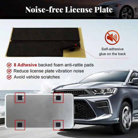 Gloss Black Heavy Duty License Plate Frames Set Of 2 with rattle proof pads, self-adhesive foam, and car in background