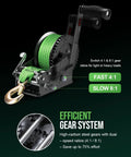 Rock Solid Boat Trailer Winch With Strap 3500 Lbs Hand Winch dual speed gear system shown with green strap and sturdy hooks.