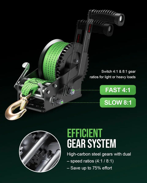 Rock Solid Boat Trailer Winch With Strap 3500 Lbs Hand Winch dual speed gear system shown with green strap and sturdy hooks.