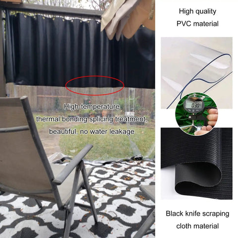 Slick Heavy Duty Clear Pvc Tarp Curtains With Zipper Side, Waterproof Panels For Gazebo Pergola, reinforced grommets showcased outdoors.