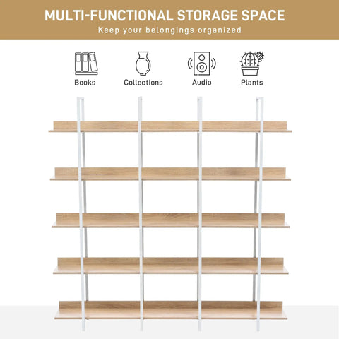 Five Tier Industrial Bookcase With White Metal Frame And Oak Shelves, Space Saving MDF Display Shelf For Bedroom Living Room Study Or Home Office, Vintage Style Storage Organizer 70.9 By 10.2 By 70.7 Cm