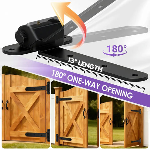Heavy Duty Gate Hinges For Gates Up To 900 Lbs, 13 Inch Bolt Weld Mount, matte black finish on wooden fence gate, 180° opening
