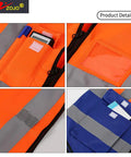 Hi Vis Safety Vests With Pockets Pack Of 10 For Outdoor Work Cycling Running Walking And Sports Reflective Vests For Men And Women 2XL Mix Orange Blue ANSI ISEA 107 2015 Compliant, showing close-up details of orange and blue vests with pockets.