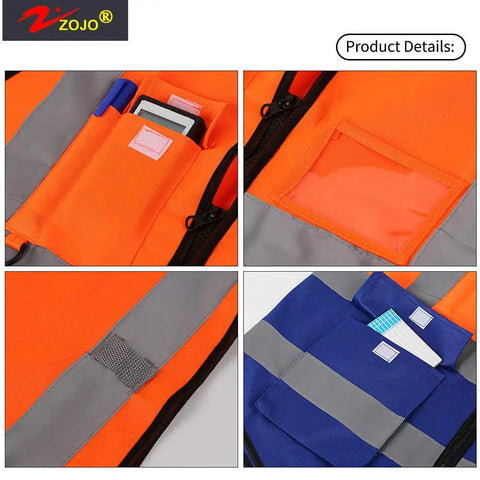 Hi Vis Safety Vests With Pockets Pack Of 10 For Outdoor Work Cycling Running Walking And Sports Reflective Vests For Men And Women 2XL Mix Orange Blue ANSI ISEA 107 2015 Compliant, showing close-up details of orange and blue vests with pockets.