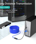 Smooth Eight Port Kvm Switch Rack Mount Kit Featuring Cat6 HDMI and VGA extension with 230ft cable connection to a PC.