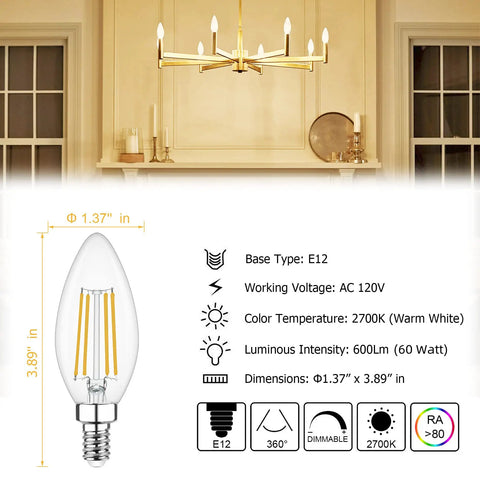 Diagram of Dimmable Candelabra LED Bulb 2700K Warm White, E12, 60W, Type B with fixture illustration