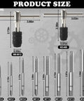 All In One 10 Piece Metric Tap Set With 2 T Handle Wrench, M3 To M12 Thread Taps, Hand Screw Tap Kit displayed with dimensions