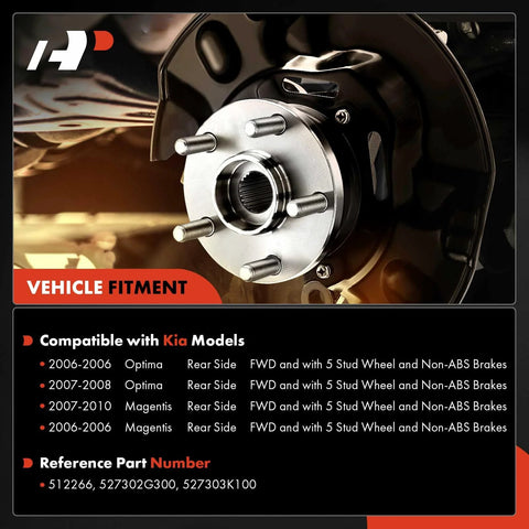 Rear Wheel Bearing Hub Assembly Set 2 Pack For Kia Optima 2006 2007 2008 And Magentis 2006 2007 2008 2009 2010 5 Lug Non ABS Brakes Compatible High Load Replacement, showing fitment chart and hub design.