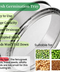 Pro Grade 9 Inch Stackable Stainless Steel Seed Sprouting Kit mesh tray close-up with features and suitable seeds shown