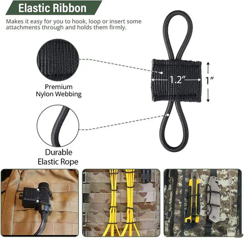 Elastic MOLLE Binding Ribbon Kit for Backpacks and Vests, stretch nylon webbing, loop design with measurement details.