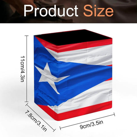 Puerto Rico Flag Pen Holder Desk Organizer With PU Leather Finish Square Pencil Cup Makeup Brush Holder dimensions shown