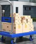 Rock Solid Heavy Duty Folding Platform Truck Rated For One Hundred Fifty Kilos with stacked boxes on durable blue platform.