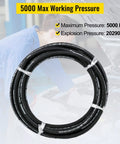 Hydraulic hose coil, black rubber with white printed markings, 50 ft long, 1/2 in inner diameter