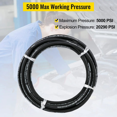 Hydraulic hose coil, black rubber with white printed markings, 50 ft long, 1/2 in inner diameter