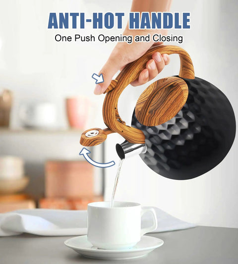 Hand pouring from Stovetop Tea Kettle 3.2 Quart Stainless Steel Whistling Teapot With Wood Pattern Handle into cup