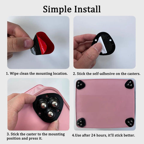 Installation guide for No Sweat Setup Self Adhesive Mini Caster Wheels showing adhesive backing and mounting process.